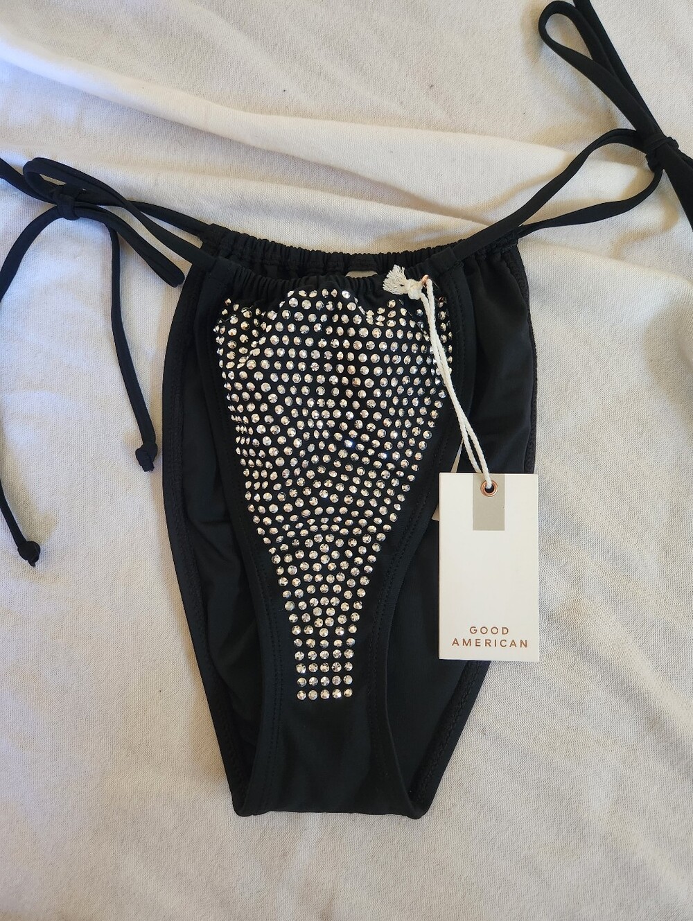 Good American Rhinestone Tie Side Bikini Bottoms Black Size 2 NWT Sparkle Swim